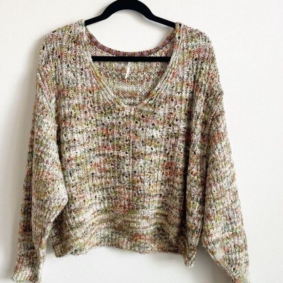 Free People Size XS Multicolor Highland Cable Knit Oversized V Neck Sweater - Picture 2 of 8